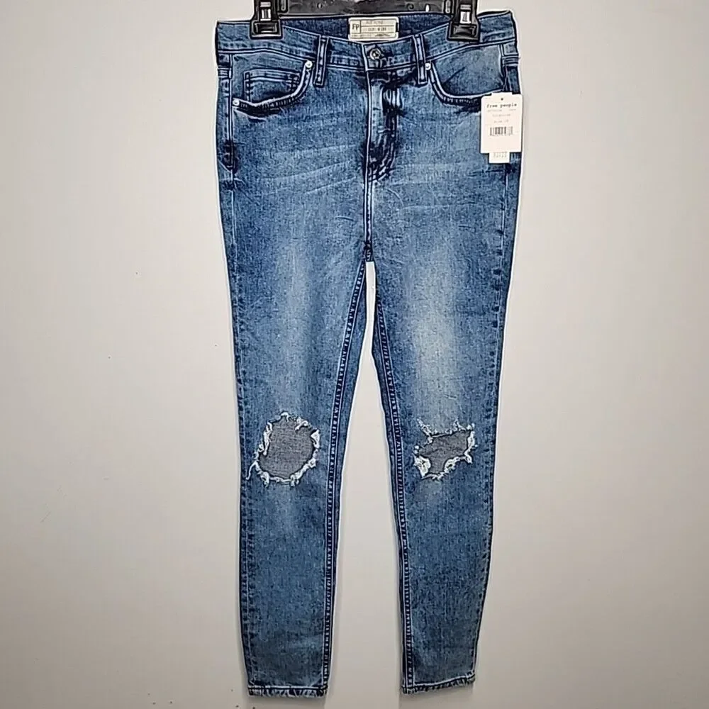 NWT Free People Womens Jeans Size 28 High Rise Busted Knee Skinny Jeans Blue 28